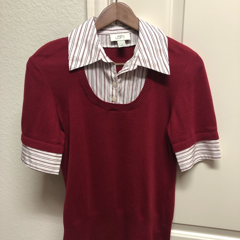 Crimson Sweater with incorporated striped blouse